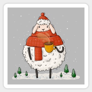 Cozy fluffy winter sheep with coffee Sticker